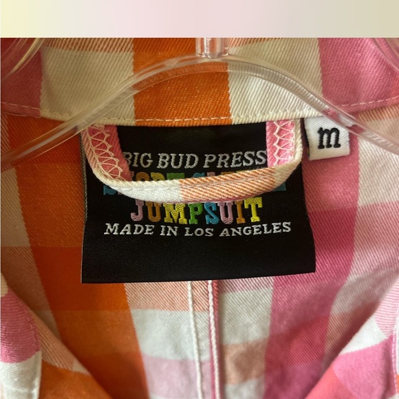 Big Bud Press Pink and Orange Checkered Cotton Romper Short Sleeve Jumpsuit M - Picture 3 of 3